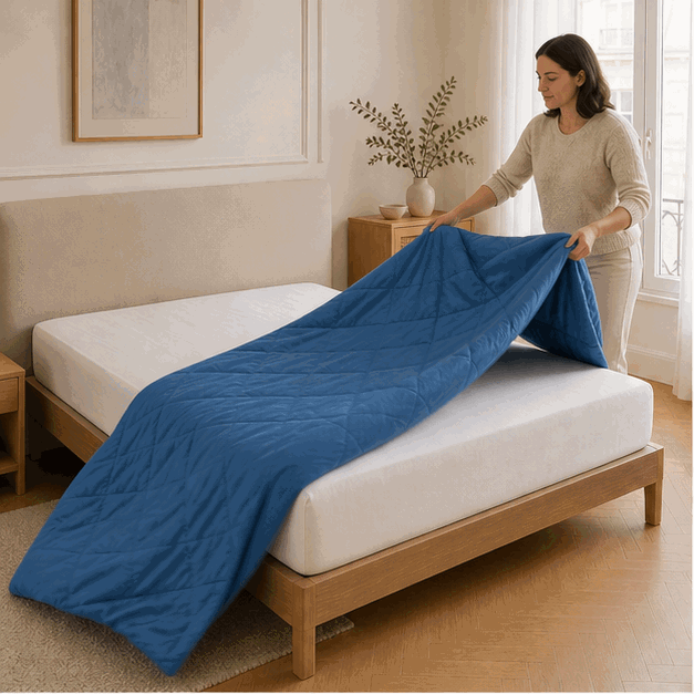 Démonstration de la couette DouceNuit remise directement sur le lit
