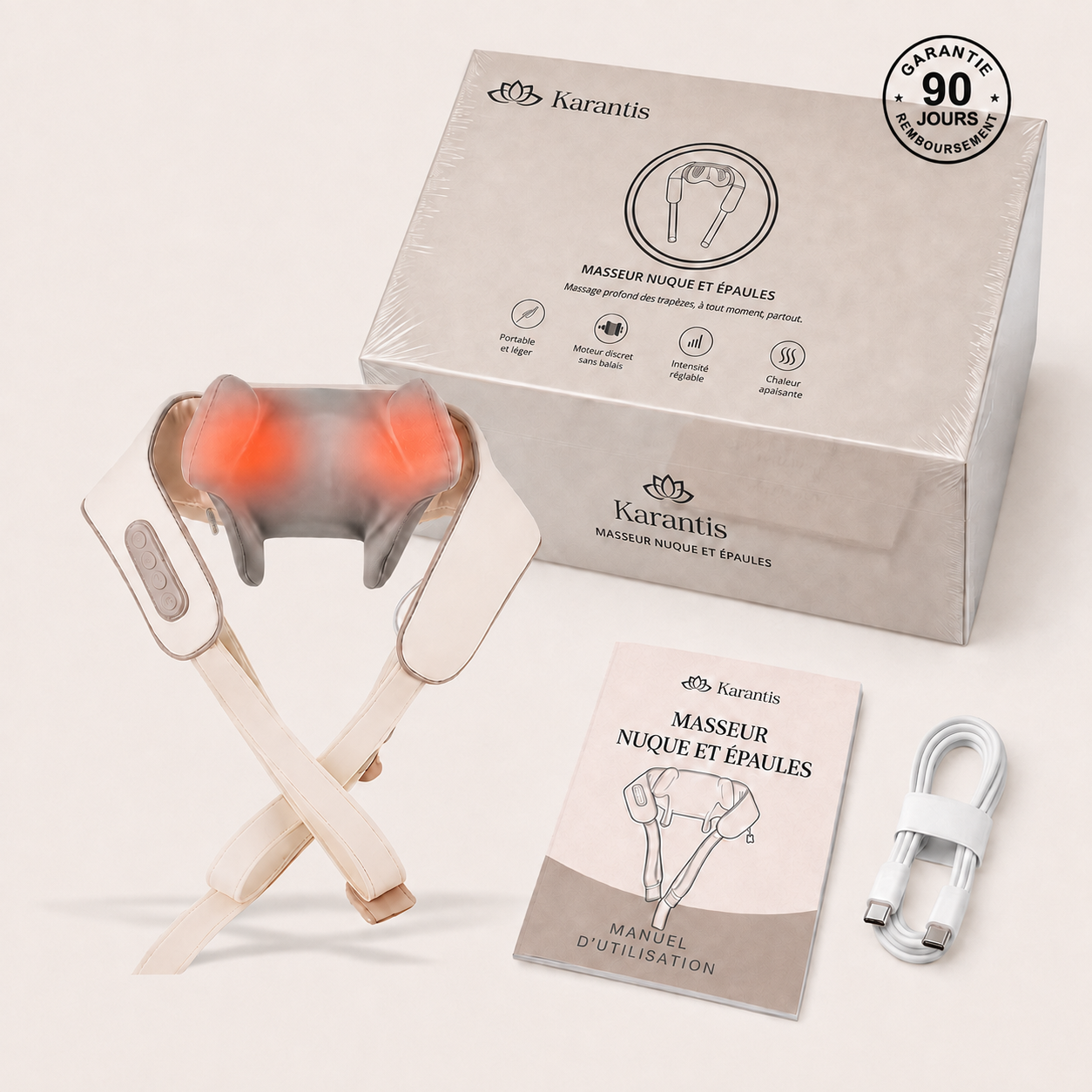 Karantis — masseur nuque et épaules V2, avec emballage et accessoires.