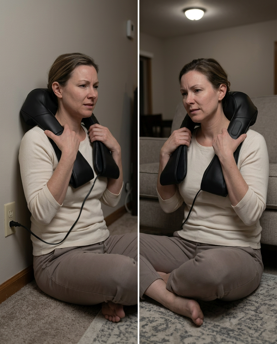 Masseur cervical encombrant avec fil, maintenu près d’une prise murale.