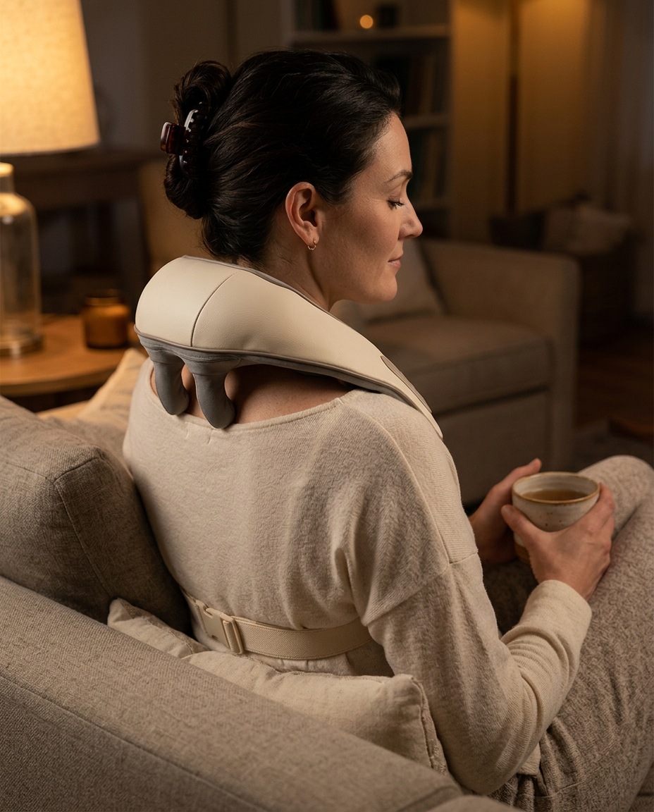 Une femme se détend, les mains libres, avec le masseur Karantis qui reste en place sur ses épaules.