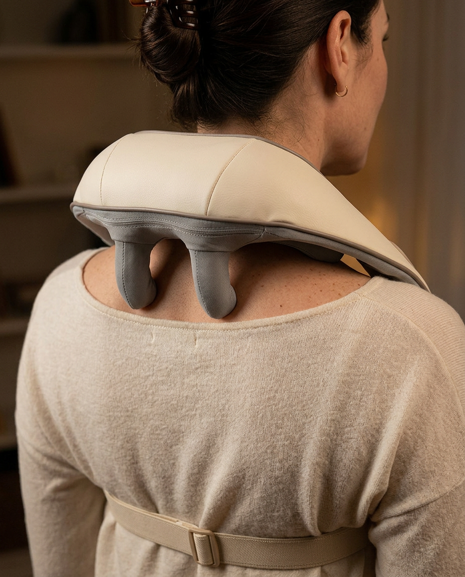 Gros plan sur les têtes de pétrissage du masseur Karantis, placées sur la nuque et les épaules.